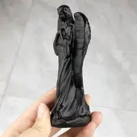 Natural Black Obsidian Angel Carving Crafts Healing Cute Children Holiday Gift Gemstone Collection Home Decoration 1PCS 6