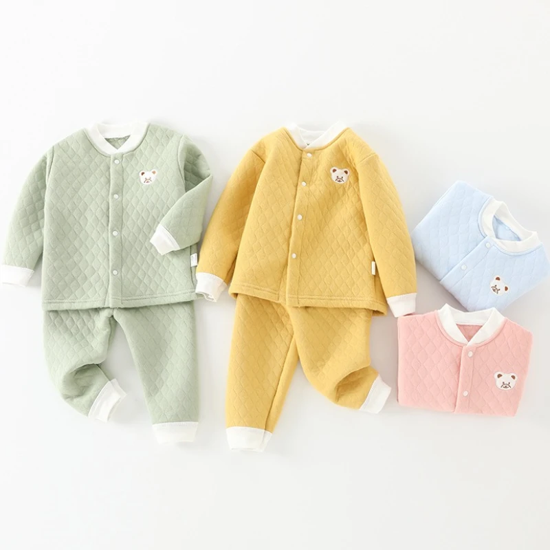 

Winter Warm Kids Solid Tops Trousers Matching Set Girls Cotton Long Sleeve Pajamas Suit 0-3Y Young Child Casual Sleepwear Outfit