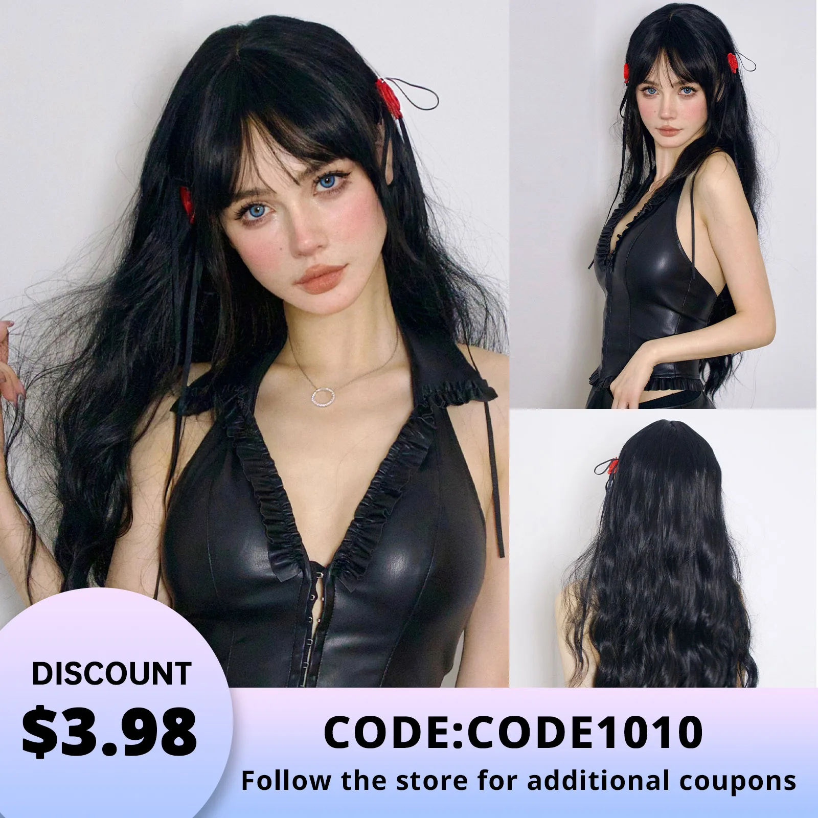 Black Synthetic Curly Wigs Long Wavy Hair for Women Wigs with Bangs Natural Looking Christmas Party High Temperature Fiber