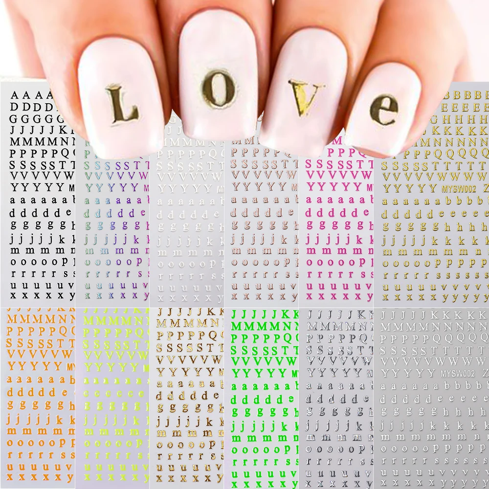 12/4Pcs English Letter Nail Sticker Golden Silver Black 26-Alphabet Nail Adhesive Decals Sliders For Nail Tips Beauty Decoration