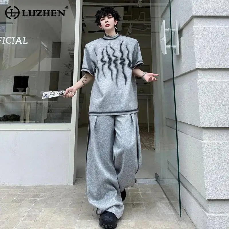 

LUZHEN 2026 Summer Tie-dyed Shoulder Pad Short Sleeve T-shirts Men's Handsome Loose Straight Casual Pants Two-piece Sets JY6520
