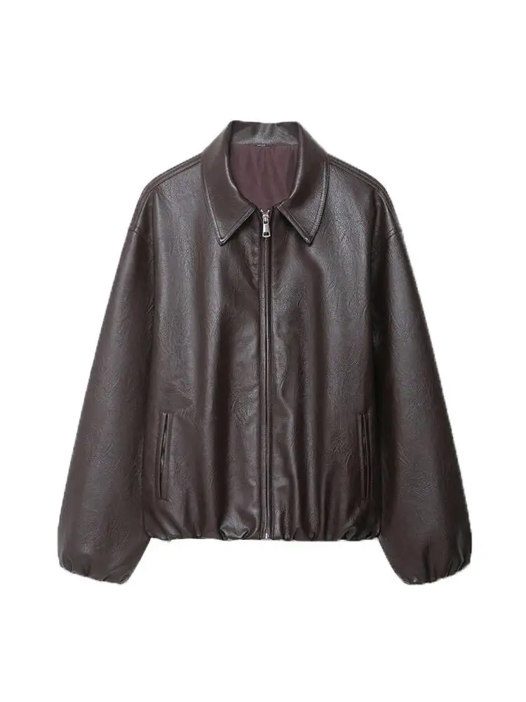 Chaqueta Bomber de piel sintética para mujer, ropa de abrigo elegante de manga larga con dobladillo elástico, Top de moda femenina