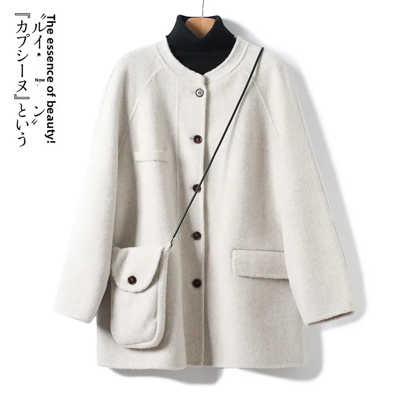 

Двустороннее шерстяное пальто без воротника с круглым вырезом, маленького размера, женская верхняя одежда для осени и зимы, высококачественная мода.