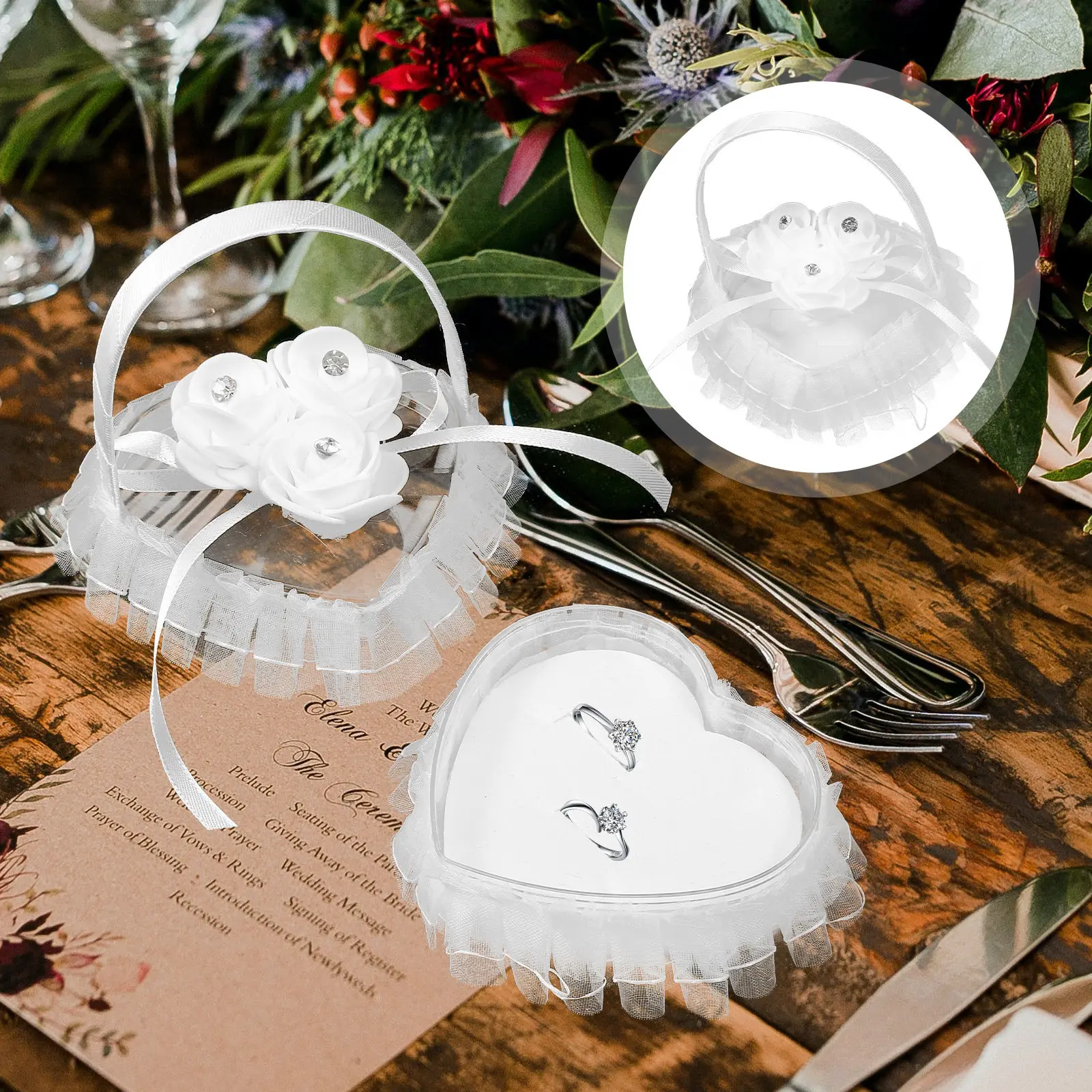 

Mini Lace Wedding Ring Pillow Heart Shape Satin Ring Holder for Ceremony Engagement Bridal Romantic Cushion Display