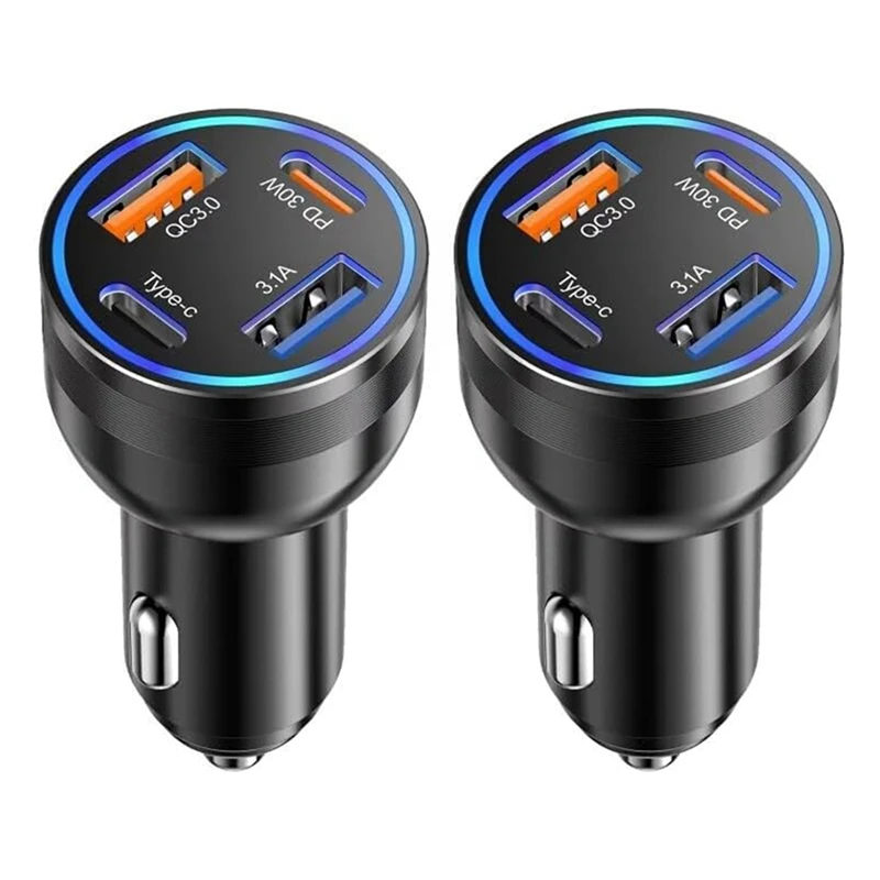 2PCS USB C Car Charger,4 Ports USB-C Car Charger Adapter PD3.0 & QC3.0 Cigarette Type C Car Charger For Iphone Samsung