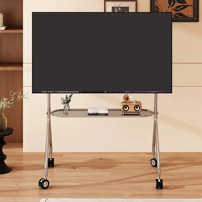 Rolling TV Stand with Wheels Minimalist Stainless Steel Mobile TV Cart Universal Floor TV Mount for 32-75 Inch Flat Screen TVs