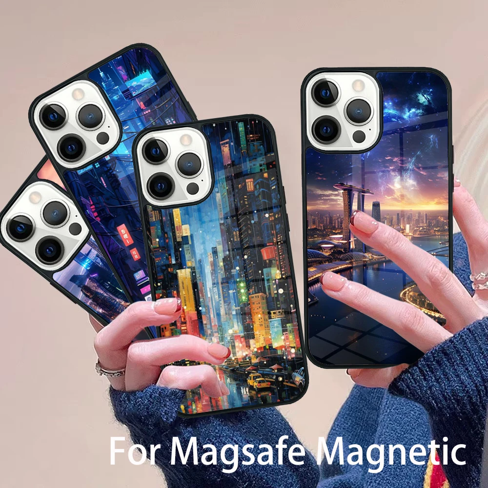 

City Lights Phone Case Magesafe Magnetic Wireless Charge Cover For IPhone 16 11 12 13 14 15 Pro Max Plus Mini
