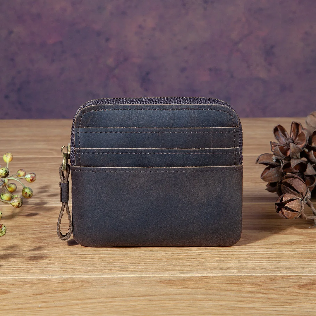 Fashion Retro Genuine Leather Card Holder, Vintage Zipper Coin Purse Wallet, Slim Credit Card Case for Men Women Wholesale