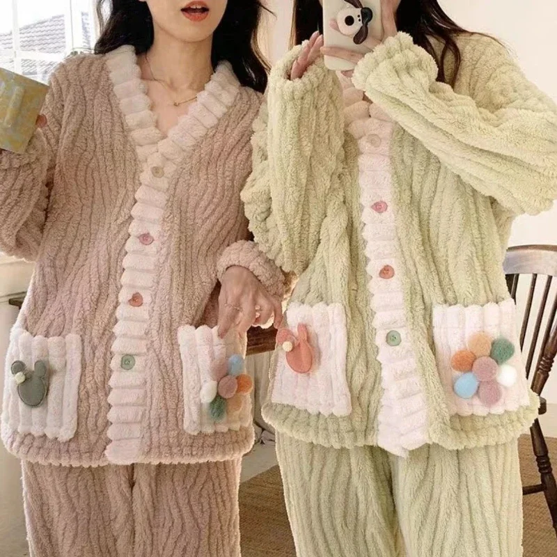 

Striped Thickened Warm Flannel Women Sleepwear Loungewear Cardigan Winter Sweet Kawaii Soft Student Fairy Wind Ladies Pajamas