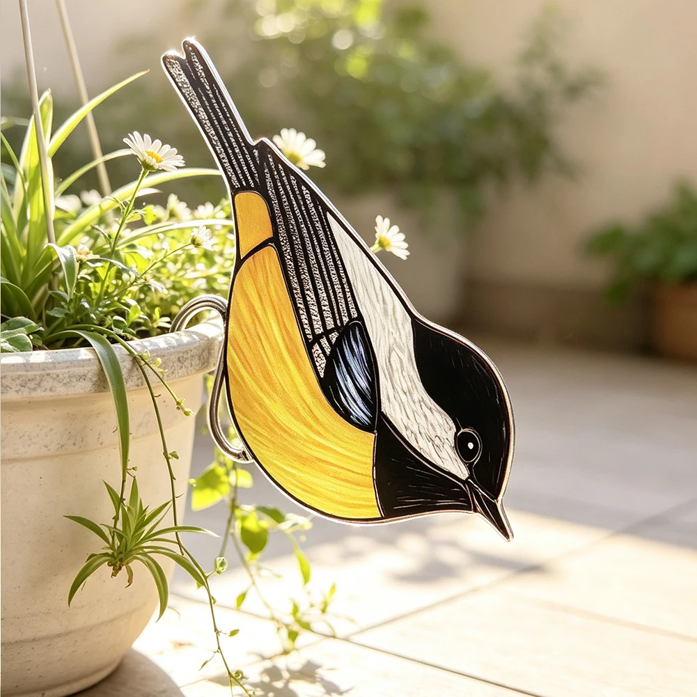 Stained Glass Style Songbird Plant Stake Flower Pot Ornament Planter Insert Bonsai Garden Yard Art Indoor Outdoor Decor Gift