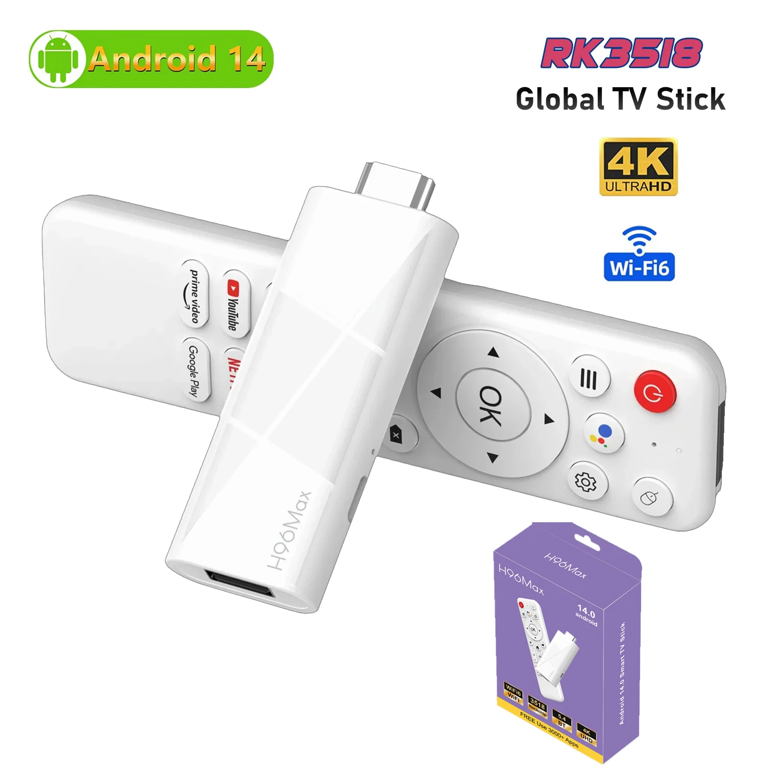 جهاز Android TV Stick H96 Max RK3518 TV Stick 4K Ultra HD Voice Assistant Streaming Media Smart TV Stick Android 14 TV Stick 2GB 16GB