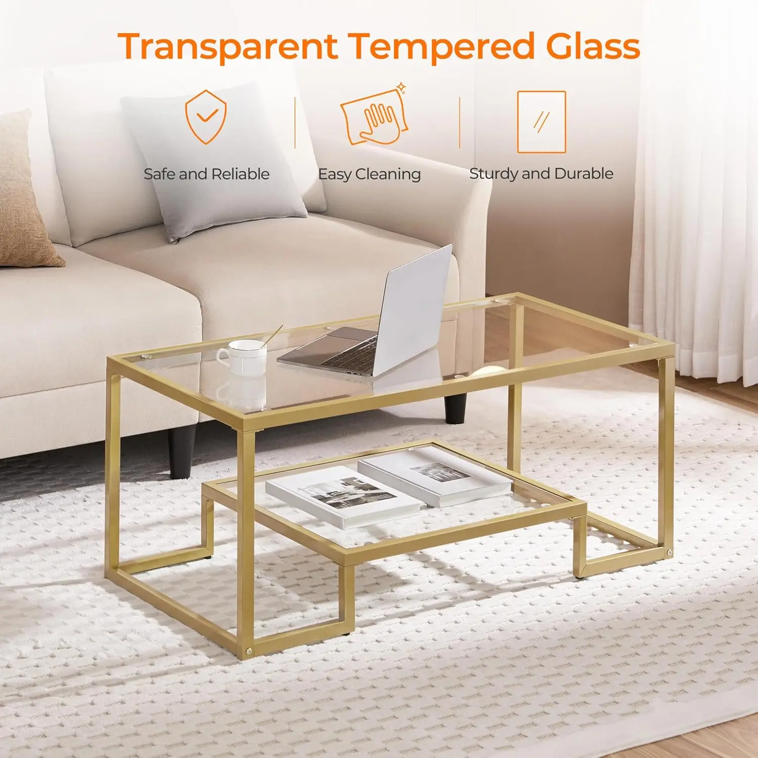 Gold Coffee Table, 42" Rectangular Glass Coffee Table for Living Room, 2-Tier Center Tea Tables with Metal Frame for Small Space