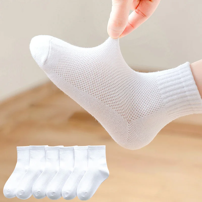 3 Pairs White Mesh Kids Socks Summer Thin Breathable Boy Girl Middle Tube Socks Solid Color Children Sports Socks