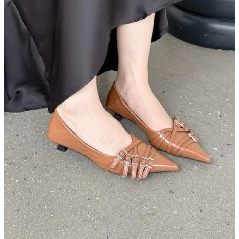 New Fashion Pointy Low Heel Women's Shoes with Belt Buckle Light Slip Ballet Elegant Pump for Party Dresses Wedding Shoes