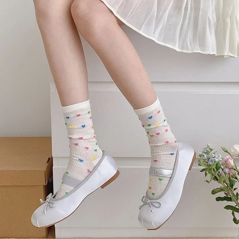 Women Sexy Ruffled Love Heart Pattern Thin Cotton Socks JK Uniform Lolita Sweet Breathable Ins Style Colorful Iridescent Socks