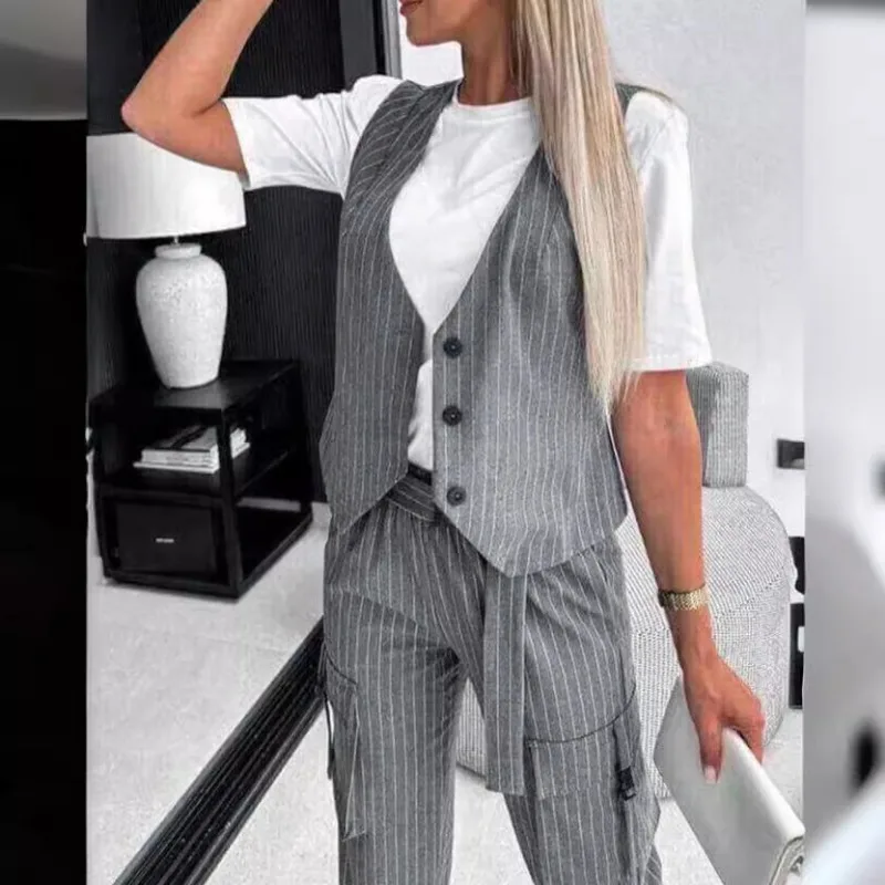 2024 Women Spring Summer Elegance Simplicity Fashion Casual Stripe Printed Vest Long Pants Clothes Set