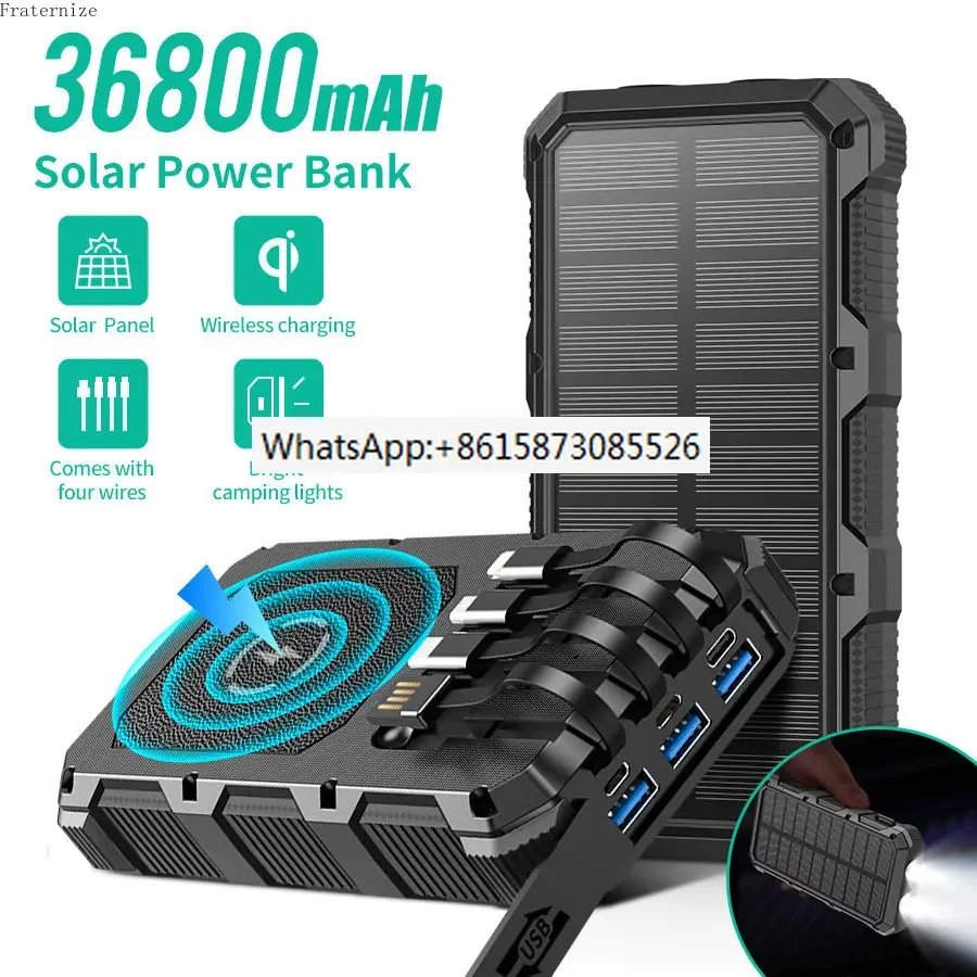 Solar Power Bank 36800mAh Portable Wireless quick Charger External Battery Pack 5V3A Built-in Cables outdoor Bright Flashlight