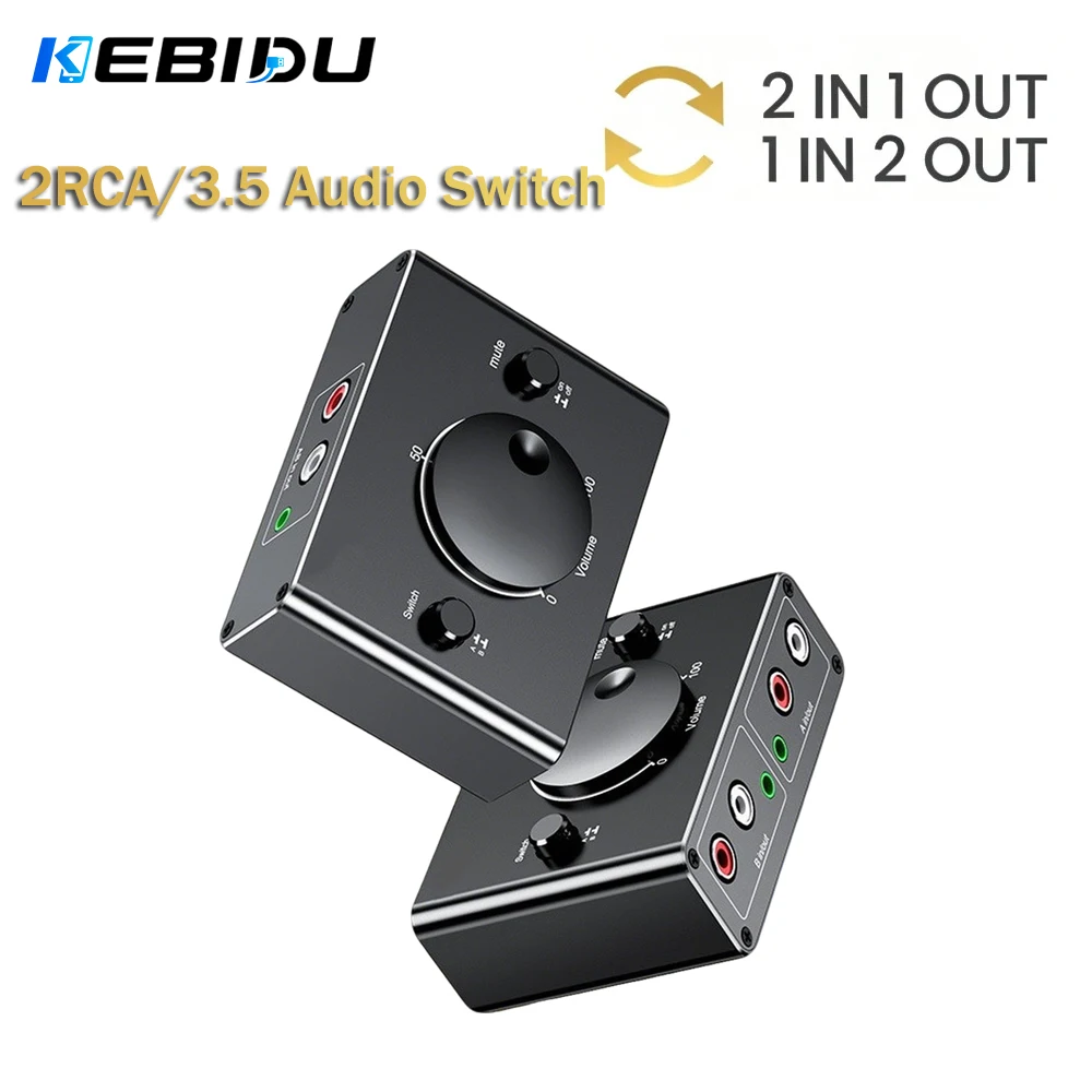 KEBIDU 2 Way RCA 3.5mm Stereo Bi-Directional Audio Switcher 1 in 2 Out or 2 in 1 Out 3.5mm 2 RCA Audio Switcher with Mute Button