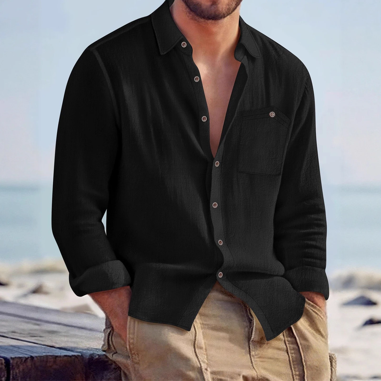 

Мужская свободная рубашка с длинным рукавом, однотонная, с отложным воротником, на пуговицах, осенние повседневные топы с карманами