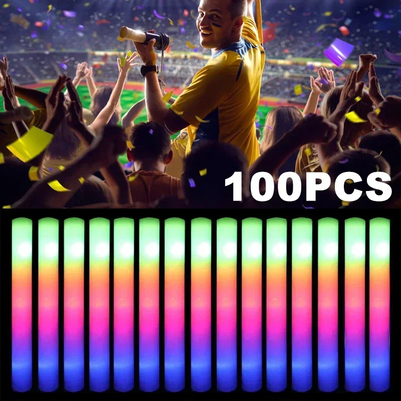 

100PCS LED Glow Sticks Bulk Colorful RGB Glow Foam Stick Cheer Tube Dark Light for Xmas Birthday Wedding Party Supplies