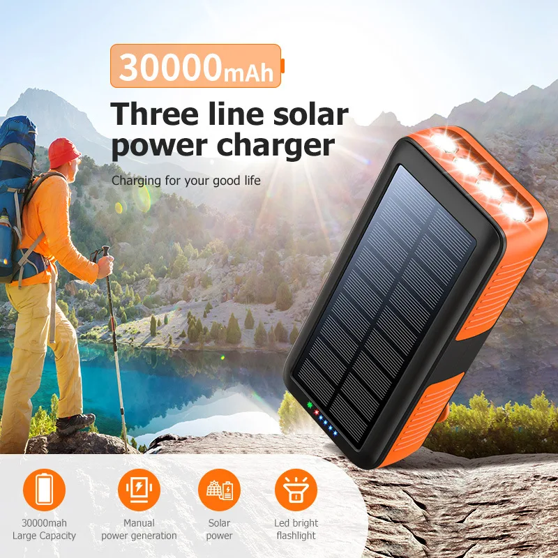 Hand Crank Solar Power Bank 30000mah External Battery Fast Charging Powerbank with Cable Light for iPhone Samsung Xiaomi Huawei