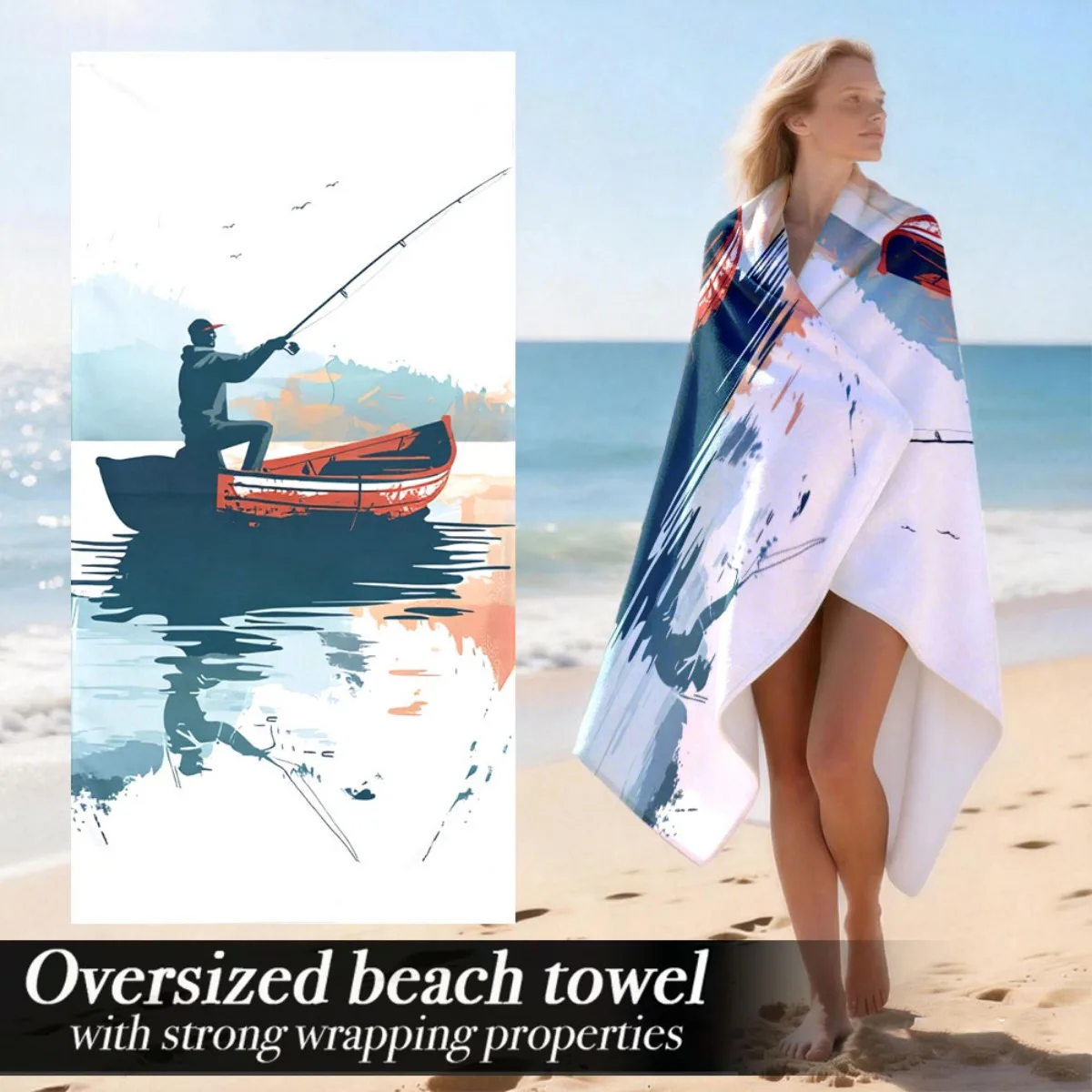 Vintage Fishing Boat Beach Towel Patterned Sunscreen And Windproof Suitable For Swimming Pool Camping Travel Blanket