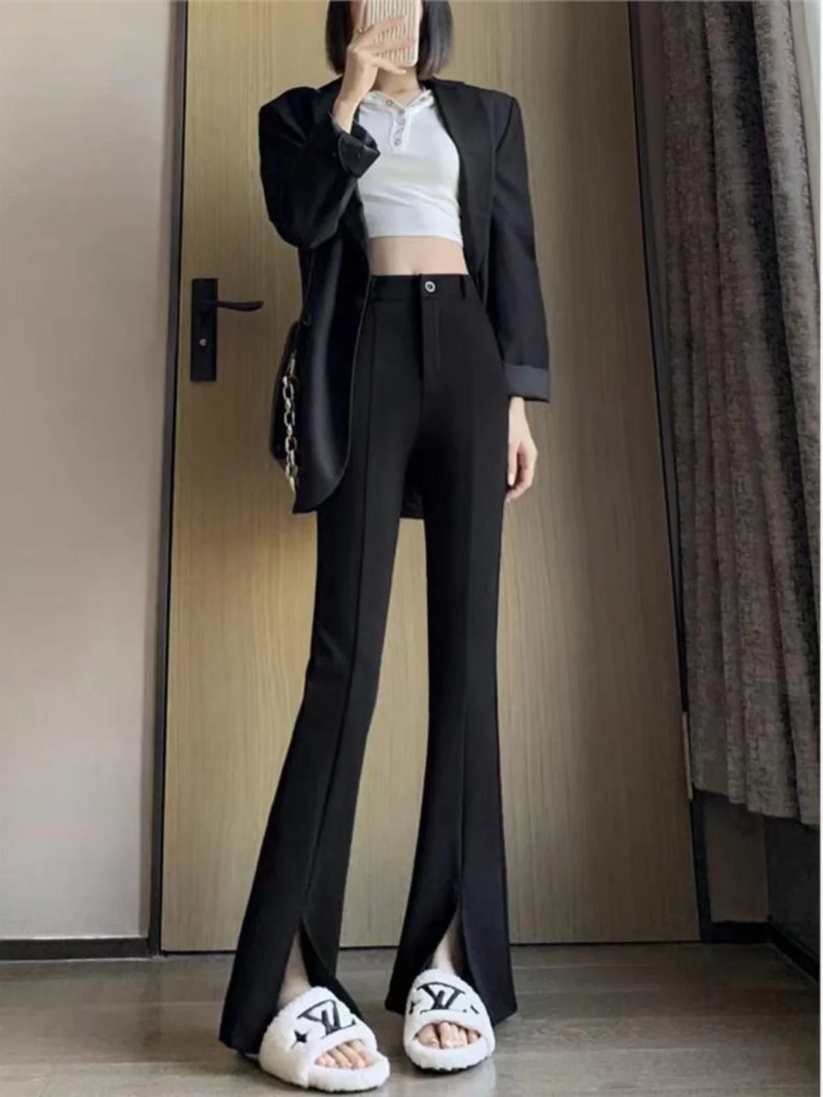 High Waist Stretchy Women's Spring Summer Slimming Micro Flared Pants Slit Design Premium Quality Trousers for Small Figures