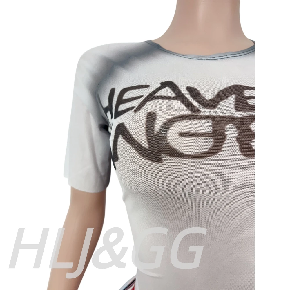 HLJ&GG Y2K Fashion Mesh See Though Letter Tshirts Two Piece Sets Women Round Neck Slim Crop Top And Shorts Outfits Streetwear view 6