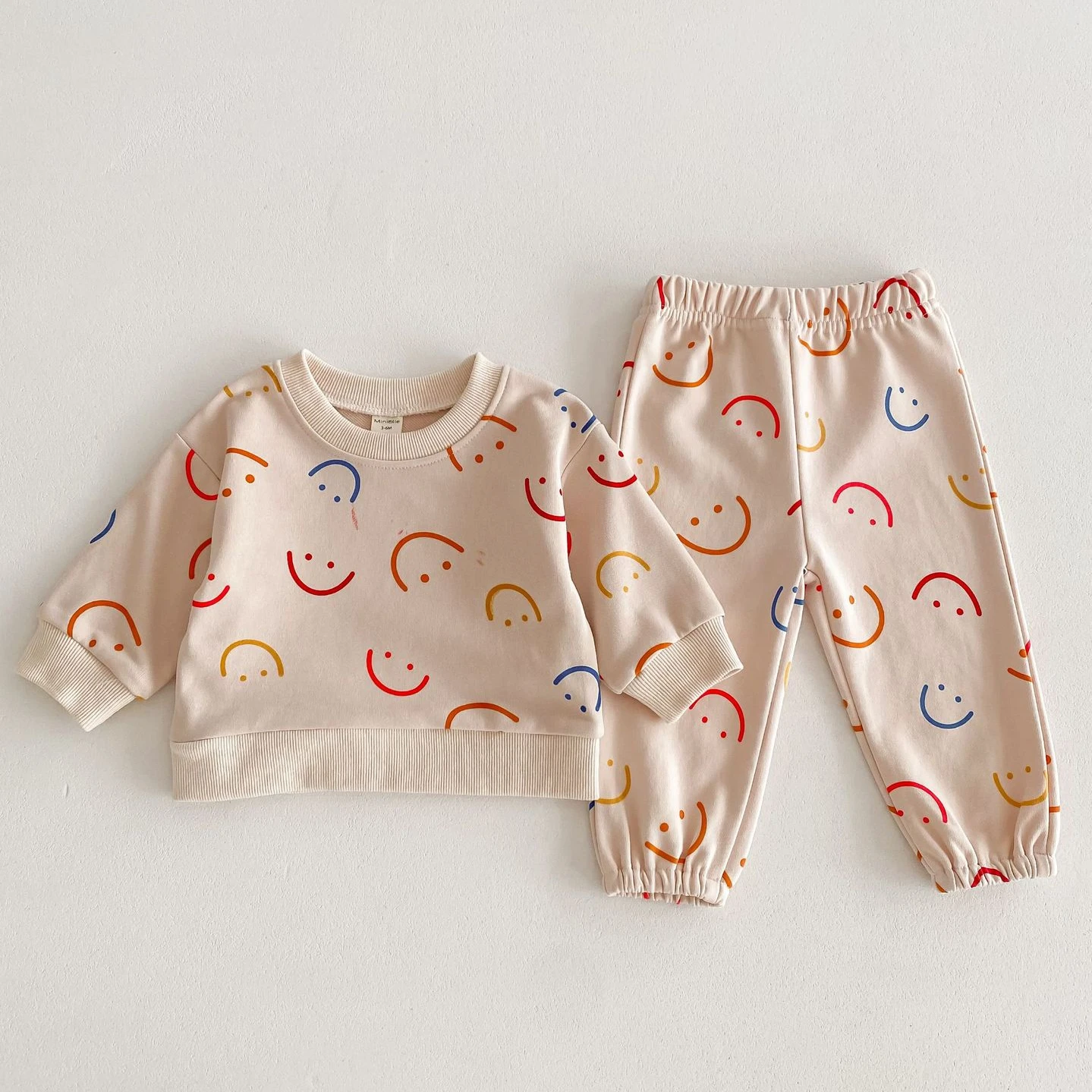 Korean Style Baby Spring Autumn Outfit: Cute Smiling Face Sweatshirt+Pants Set for Kids Boys Girls, Long Sleeve Two-Piece Suit