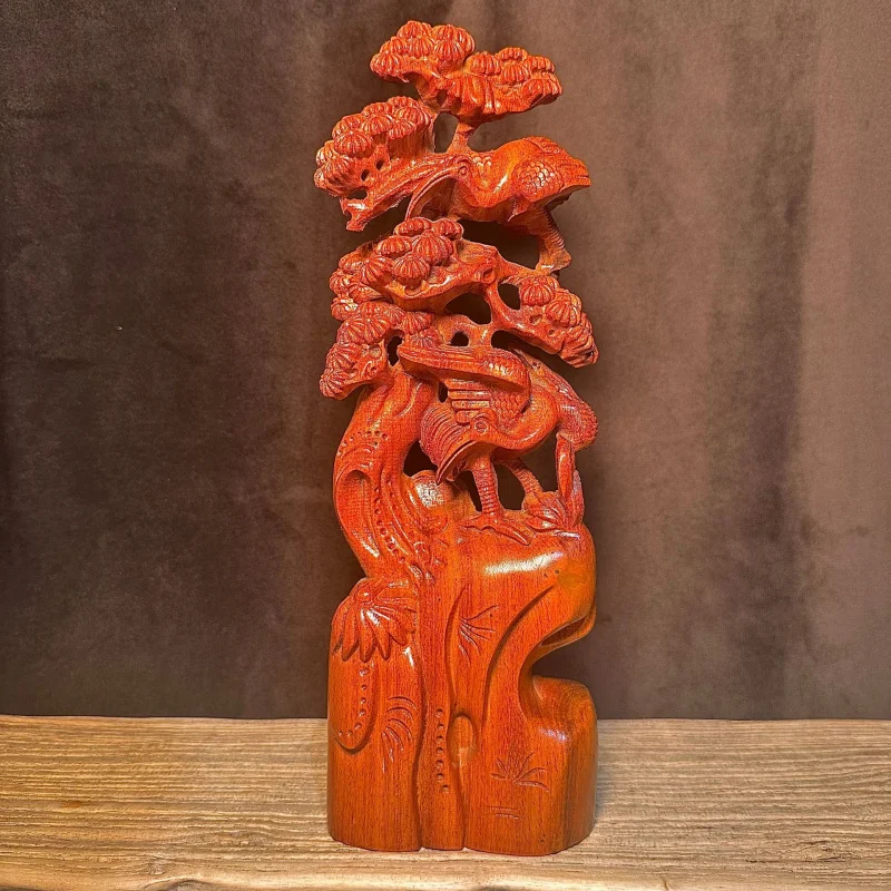 Rosewood Carved Pine and Crane Longevity Ornament Solid Carving Craft Home Decoration Red Wood Display Gift for Elders
