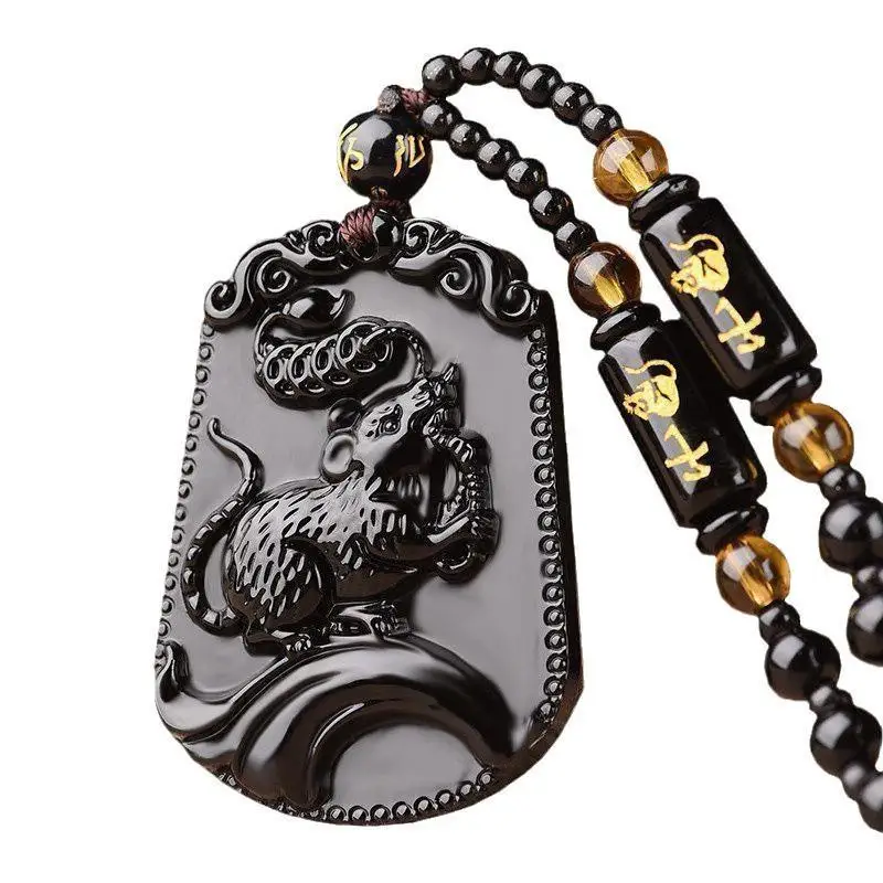 Imitation Black Obsidian Carved Pendant Chinese Twelve Zodiac Lucky Blessing  for Men Women Daily Wear