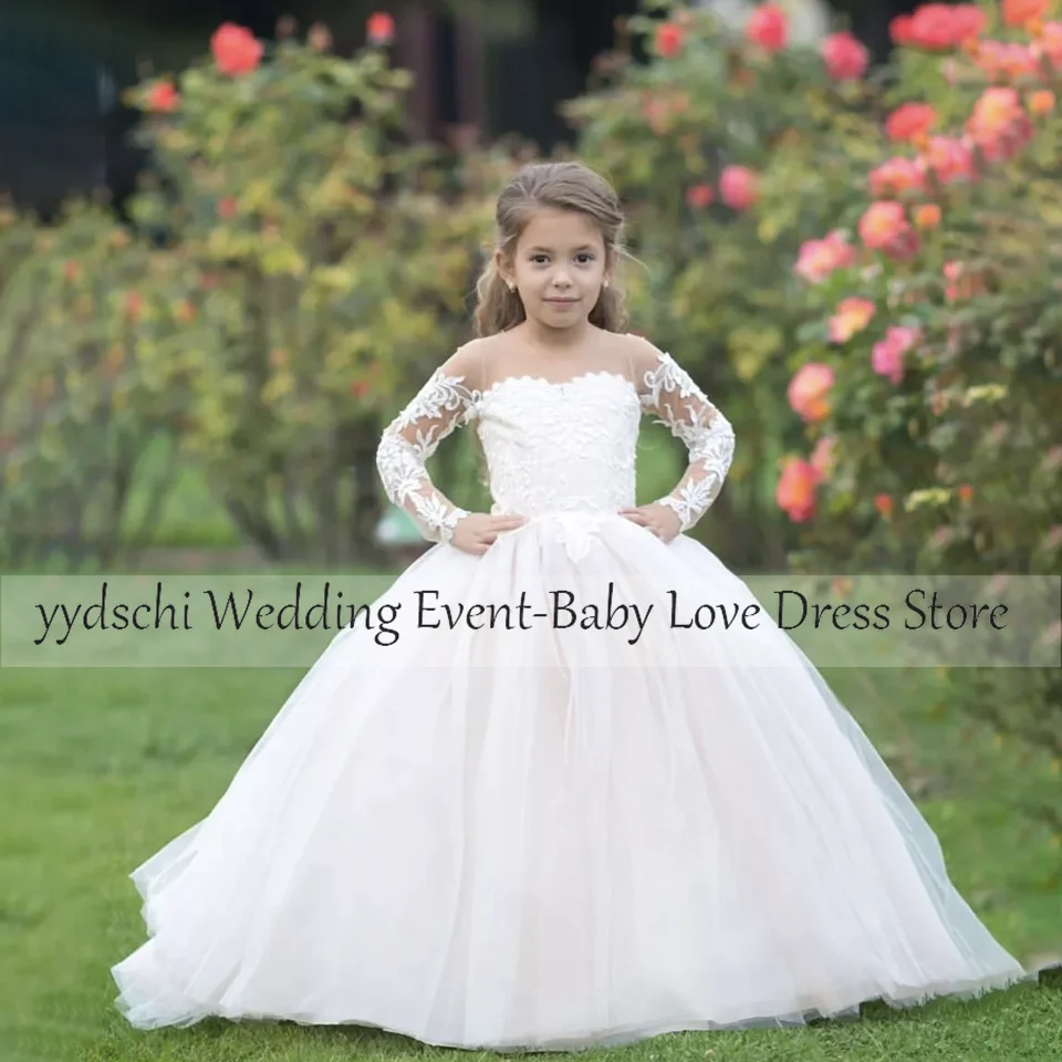 

Stain White Flower Girl Dress Simple V-Neck 2024 Beading Appliques Corset Ball Gown Birthday Formal Party Gown Robes De Soirée