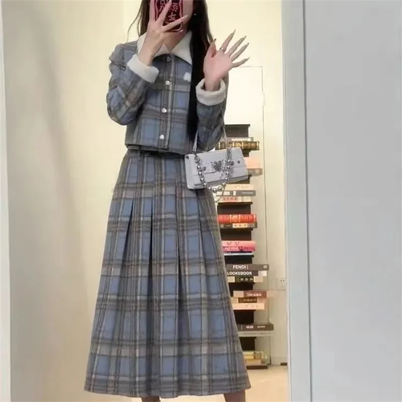 Spring and Autumn New Vintage plaid Plush Long Sleeve Splicing Short Coat+High Waist Long Skirt Set Plaid Two Piece Set Fashion