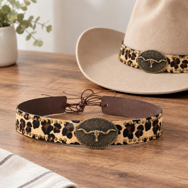 Animal-Print PU Hatband with Distressed Bull-Head Ornament, Round Rivets, and Tool-Free Rear Ties for Removable Hat Y166