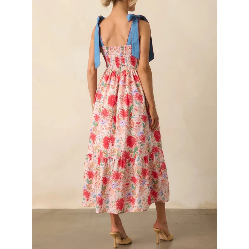 Combhasaki Abito lungo da donna estivo con spalline larghe, fiocco legato, collo quadrato, stampa floreale, smock, senza schienale, fluido, a trapezio