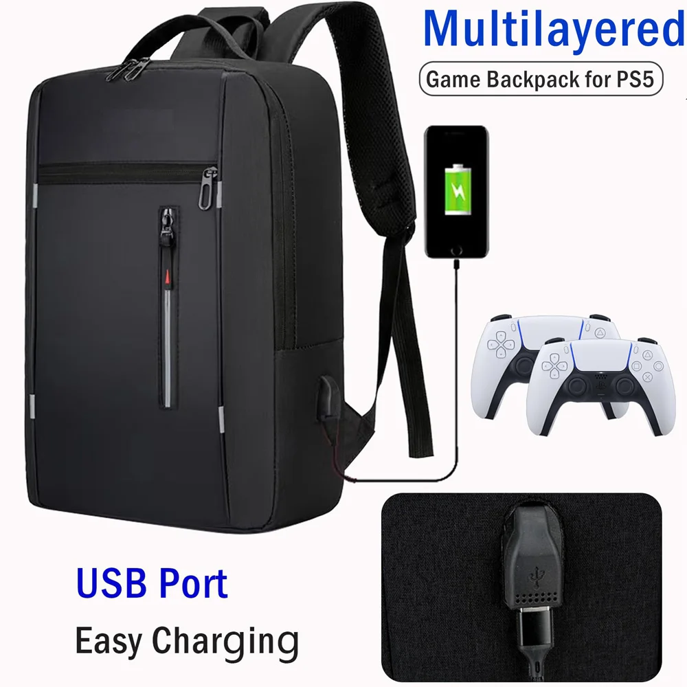 Spielkonsolen-Rucksack für die PlayStation 5-Konsole mit USB-Anschluss, Reise-Tragetasche, Rucksäcke mit großer Kapazität für PS5-Zubehör
