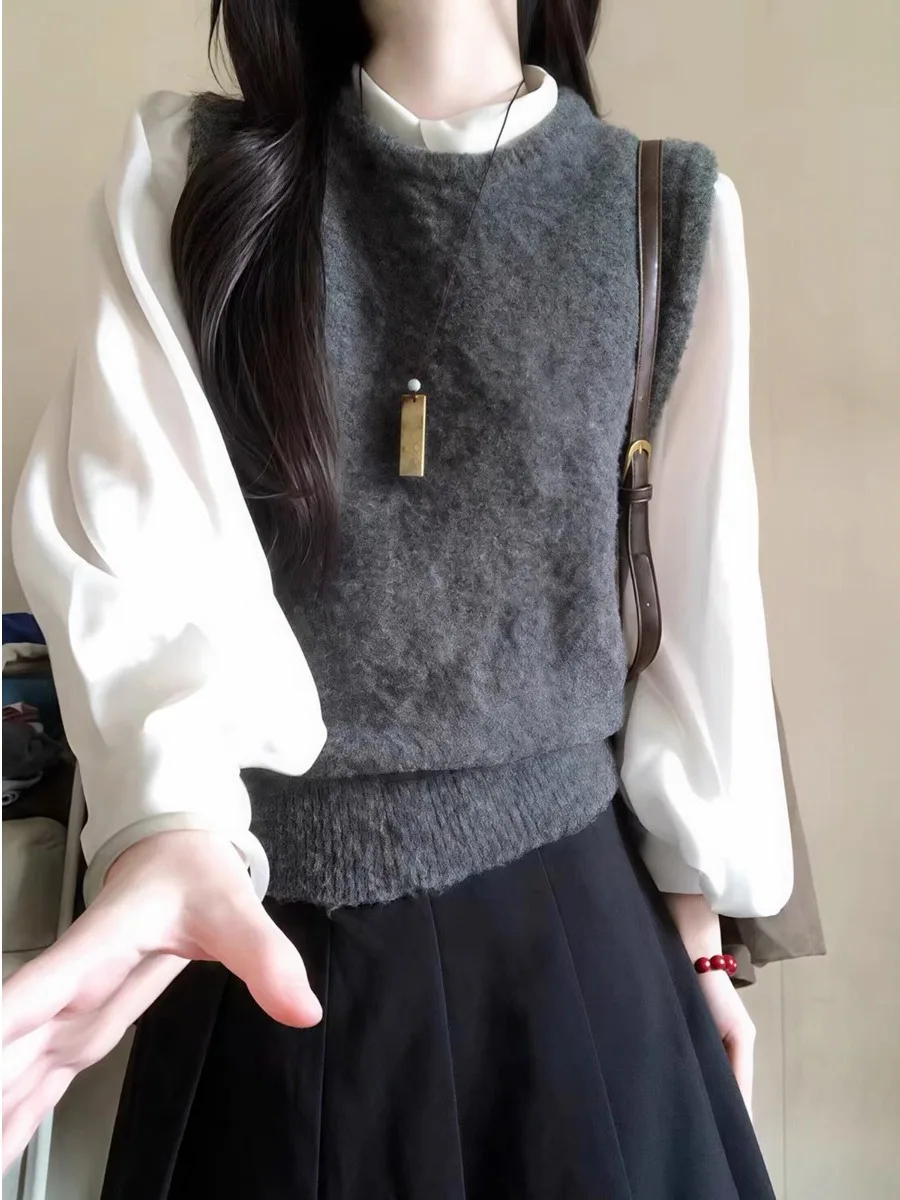 Gray Soft Lazy Korean Style Women's Knitted Vest Top Layered Shoulder Bared Sweater Spring Autumn Season Fashion Set