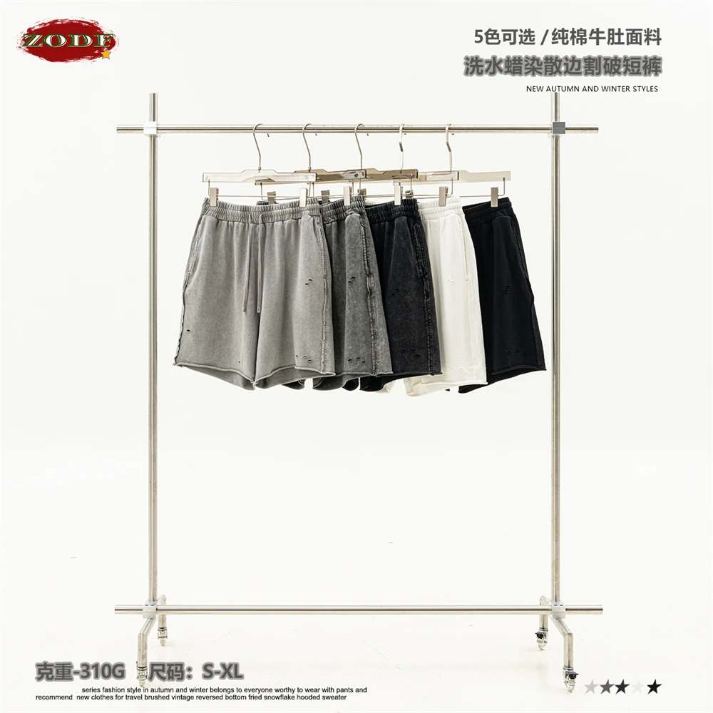 ZODF Retro 2025 Summer High Street Cotton Shorts Unisex Vintage Washed 310gsm Holes Distressed Shorts Brand Streetwears HY0985