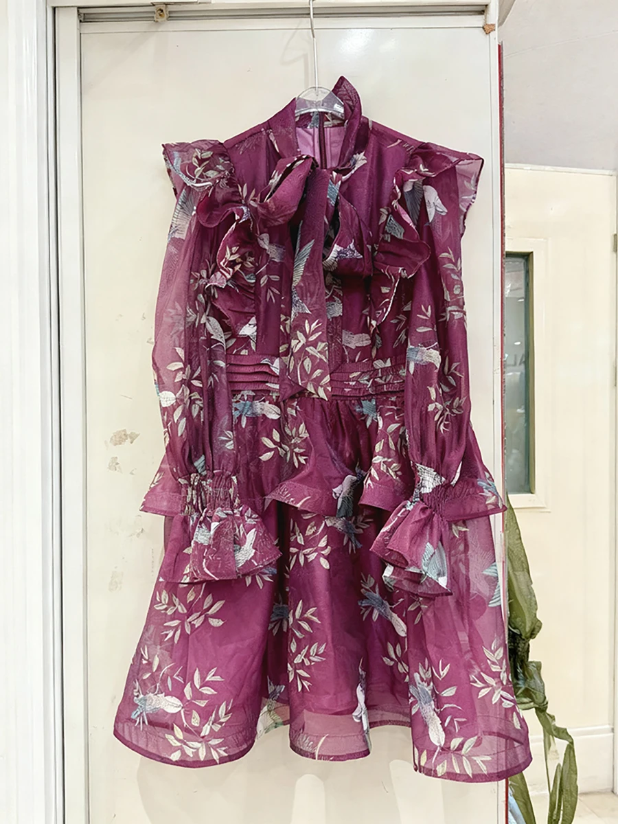 VGH français Vintage impression robe courte pour les femmes col écharpe lanterne manches Patchwork à plusieurs niveaux voir à travers des robes douces femme