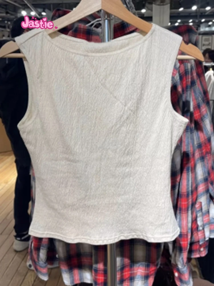 Beige Folds Slim Crop Top Women Casual Summer Round Neck Sleeveless Solid Short Vests Female Vintage Sweet Tank Tops 2023 New