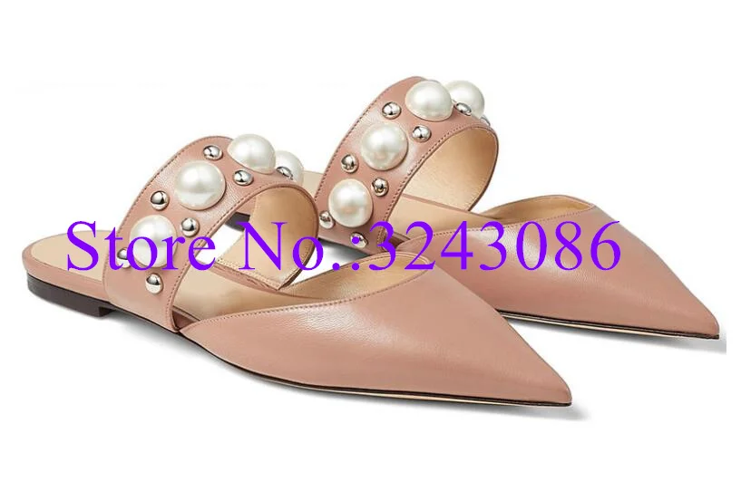 

Nude Color Pearl Decor Woman Flat Sandals Fashion Pointed Toe Leather Flat Slippers Lady New Summer Beach Casual Shoes
