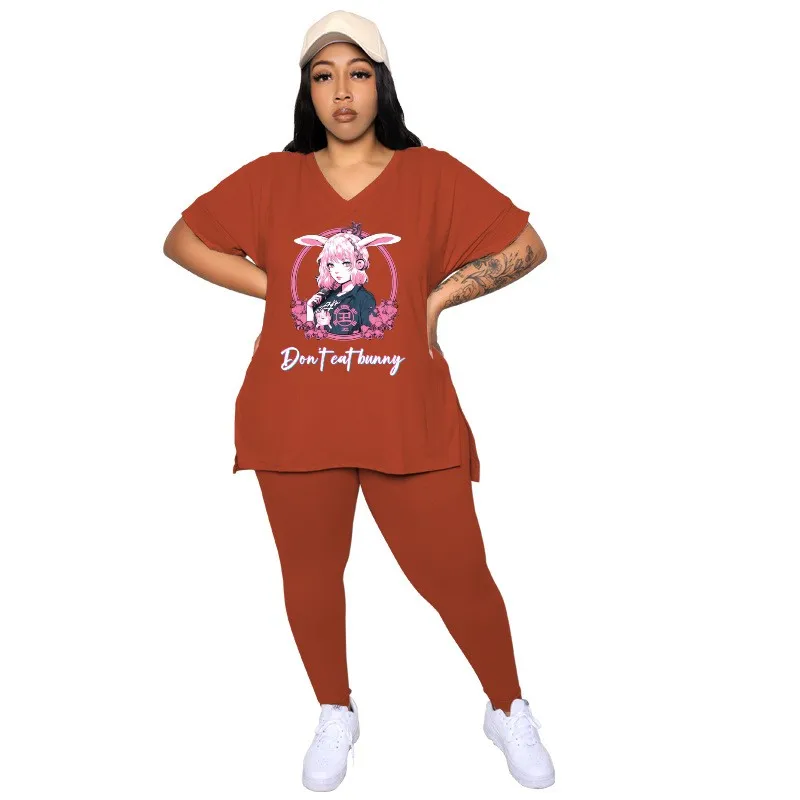 WSFEC XL-5XL 2023 Summer Plus Size Two Piece Sets Women Outfits Short Sleeve Rabbit Pattern Casual Sport Pant Suits Dropshipping