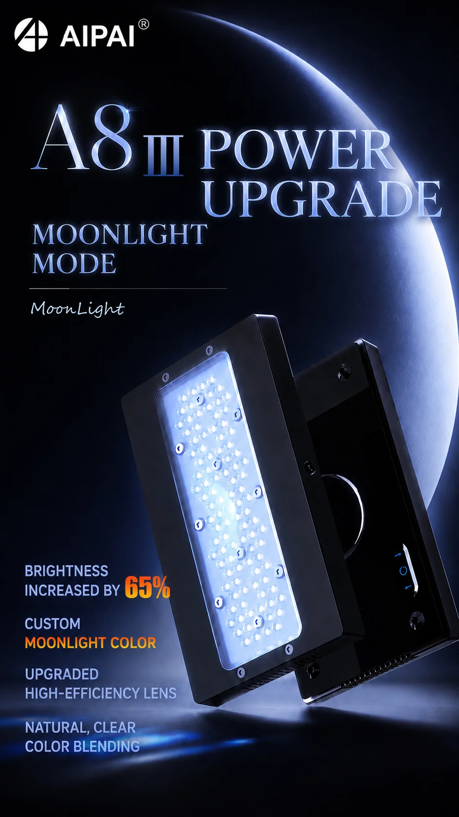 AIPAI A8 III SE PRO WiFi Smart Aquarium LED-Licht 8-Kanal-Steuerung Anpassbares Mondlicht Hohe PAR Korallenriff-Lampe für Salzwasser-Meeresaquarien – Detail 1