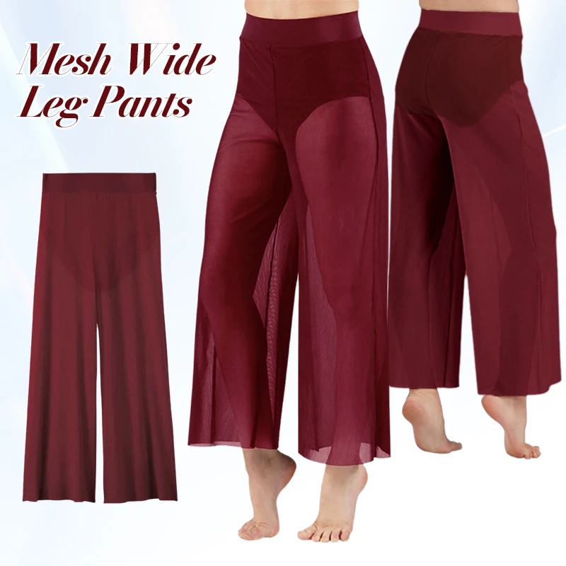 

Modern Dance Wide Leg Mesh Cropped Pants Elegant Elastic Waist Women's Dance Leggings Professional Dancer Practice Trousers