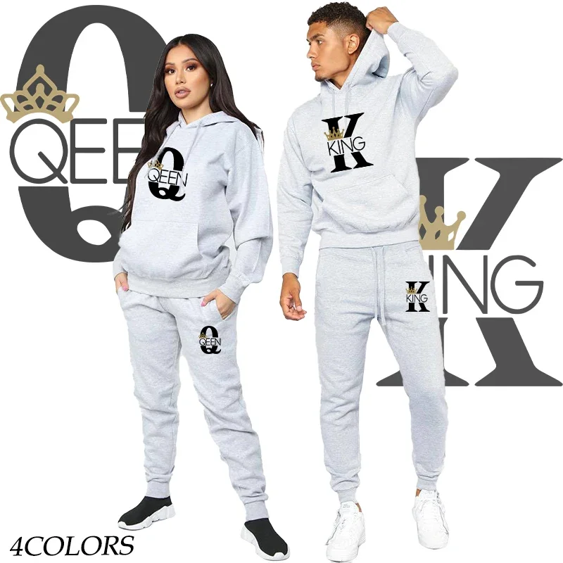 Lover Tracksuit Hoodies Printing QUEEN KING Couples Sweatshirt Plus Size Hooded Clothes Hoodies Women Two Piece Set 4colors