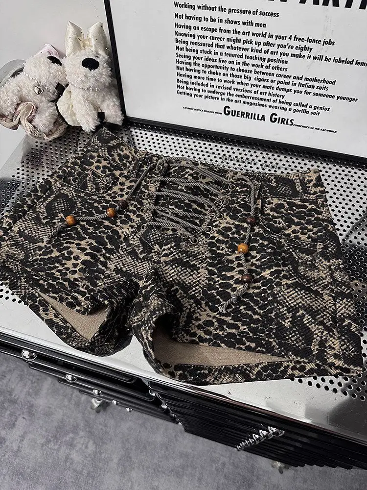 Leopard Snake Pattern Strap Drawstring Shorts Female Sexy Spice Low Waist Hot Pants New Products