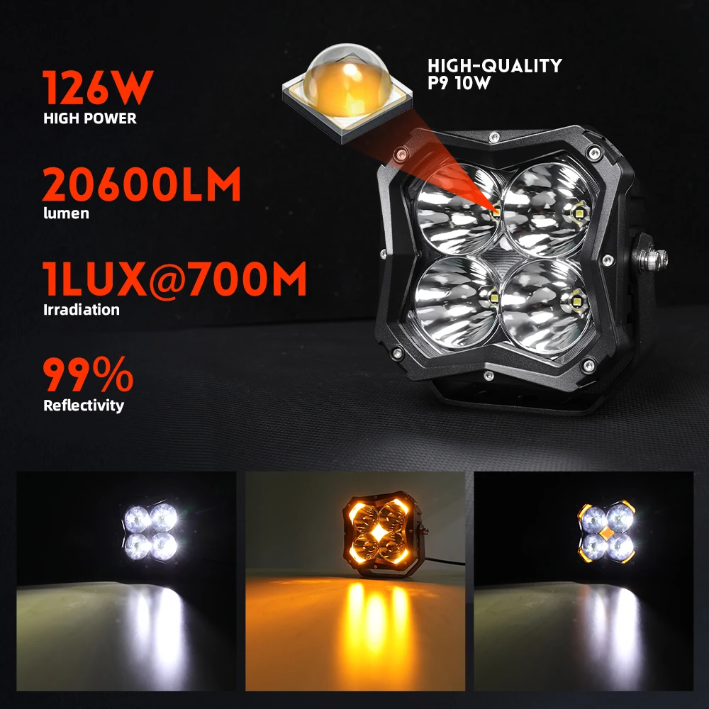 Hot Sale Stocked Super Bright Cube Amber DRL Backlight 5 Inch Off Road Spot Light 4x4 for Tundra