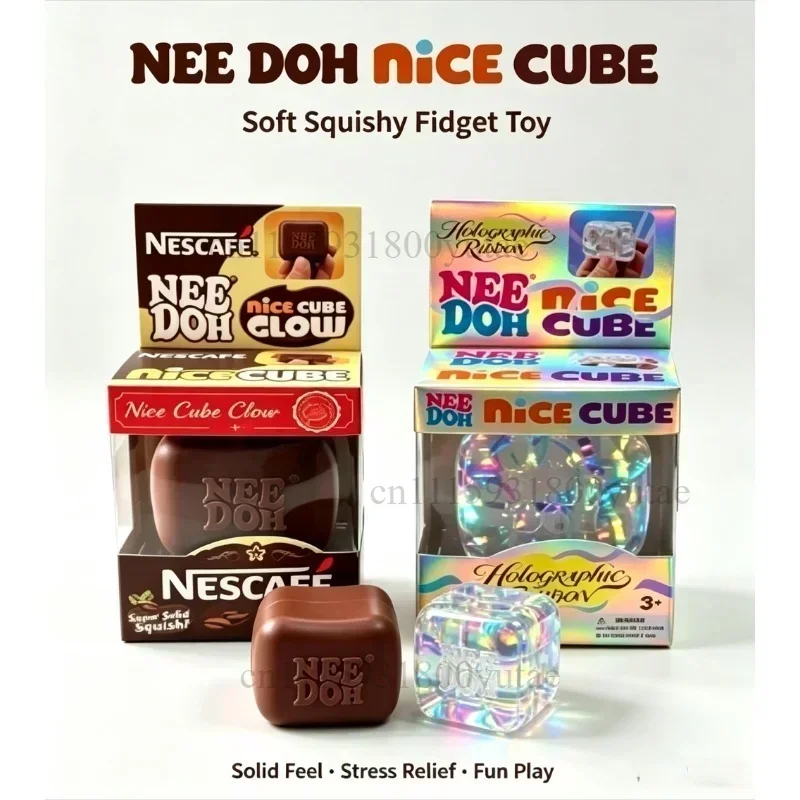 NeeDoh Nice Cube Stress Relief Squish Toy Holographic Ribbon Glow Squeeze Fidget Cube Sensory Decompression Toy for  Adults Gift