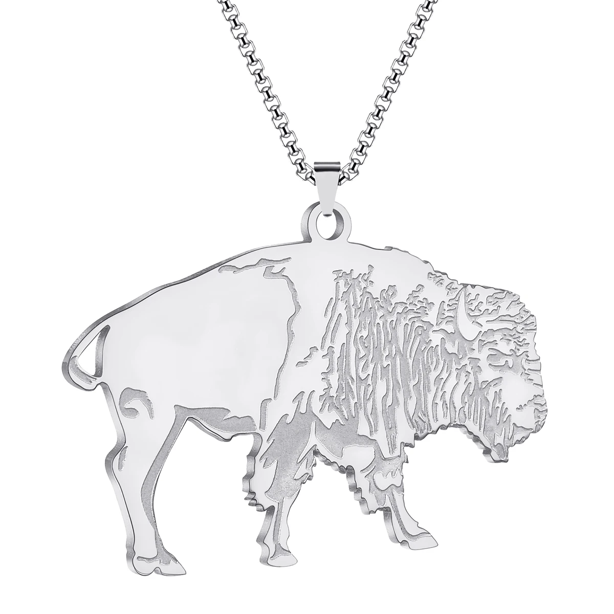 Stainless Steel Great Plains Giant Buffalo Bison Pendent Necklace Women Men Jewelry Animals Necklace