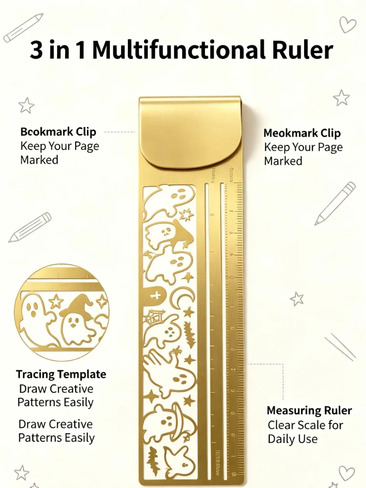 1PC Brass Multi-function Cat Ruler Bookmark, Double-sided Measuring Tool for Drawing Planner Notes, Creative Stationery Gift
